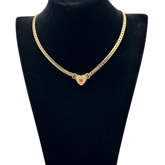 Womens Necklace Red Crystal Heart Gold Plated Choker Elegant Classic Design - Picture 2 of 3